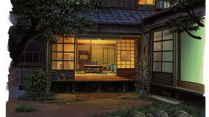 Latar belakang rumah Jepang di malam hari dalam anime