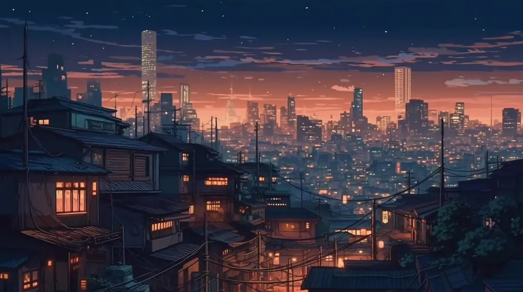 Suasana misterius dalam anime busters Gambar pemandangan kota anime di malam hari yang gelap dan misterius