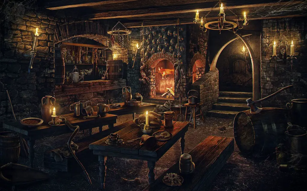 Interior ruang bawah tanah fantasi gelap dengan detail yang rumit.