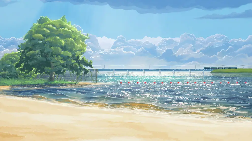 Adegan pantai musim panas bergaya anime