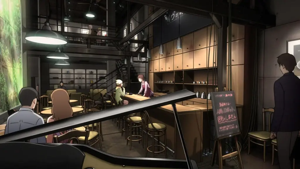 Interior kafe anime yang nyaman dan penuh warna