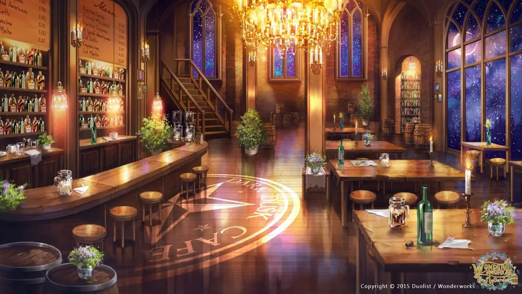 Interior kafe anime yang nyaman dan penuh dengan dekorasi anime