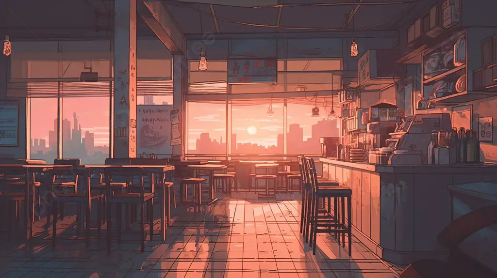 Interior kafe anime yang nyaman dan penuh dengan pajangan anime