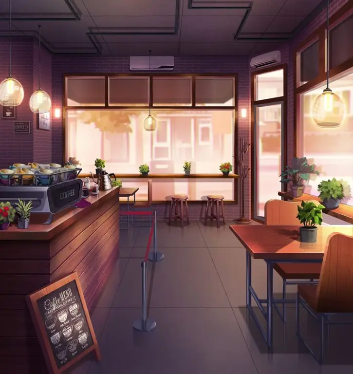 Interior kafe anime yang nyaman dan penuh dengan dekorasi anime