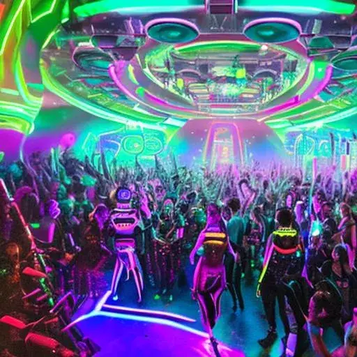 Gambar pesta rave yang ramai dan penuh warna