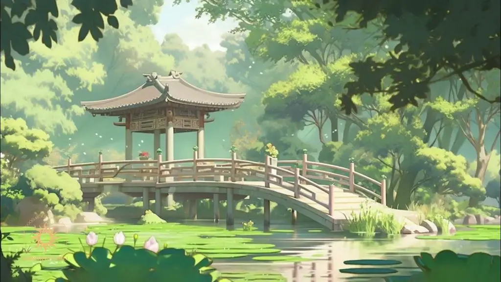 Suasana yang damai dan menenangkan Pemandangan menenangkan bergaya anime