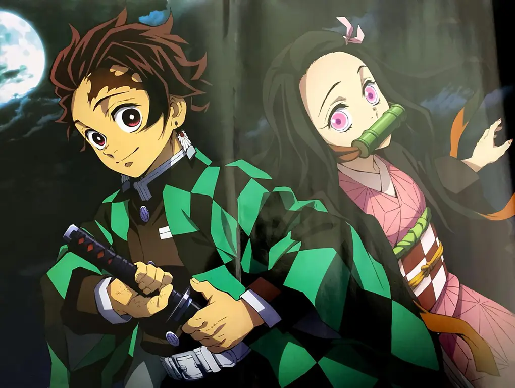 Gambar Tanjiro dan Nezuko di distrik hiburan