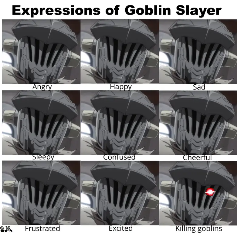 Gambar Goblin Slayer dengan ekspresi tekad yang kuat.