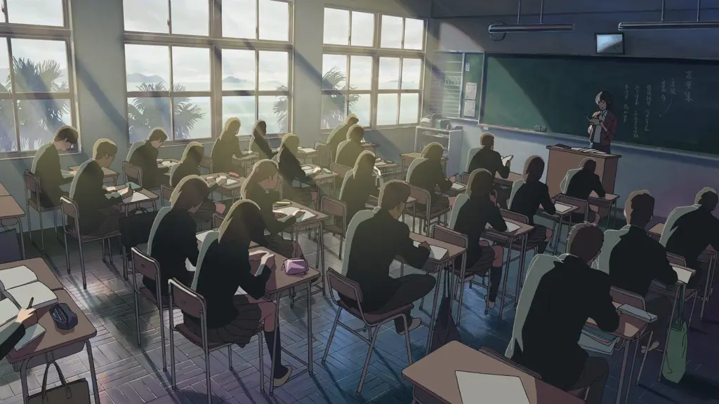 Gambar setting sekolah dalam anime yang menggambarkan tekanan