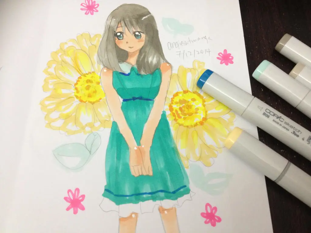 Ilustrasi gadis anime yang digambar dengan spidol Copic