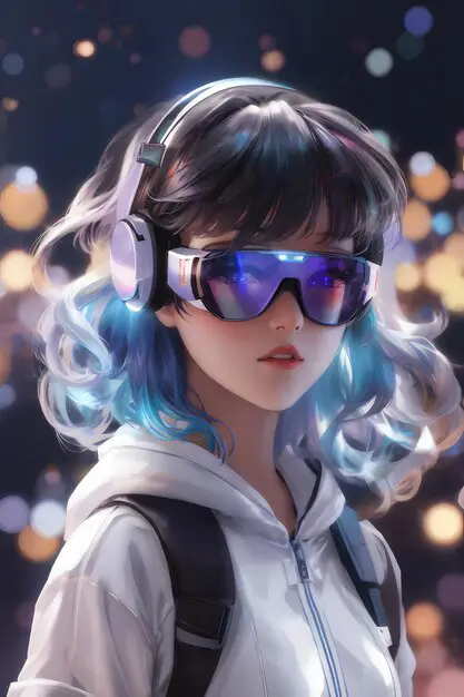 Seorang wanita dengan headset VR sedang menonton anime