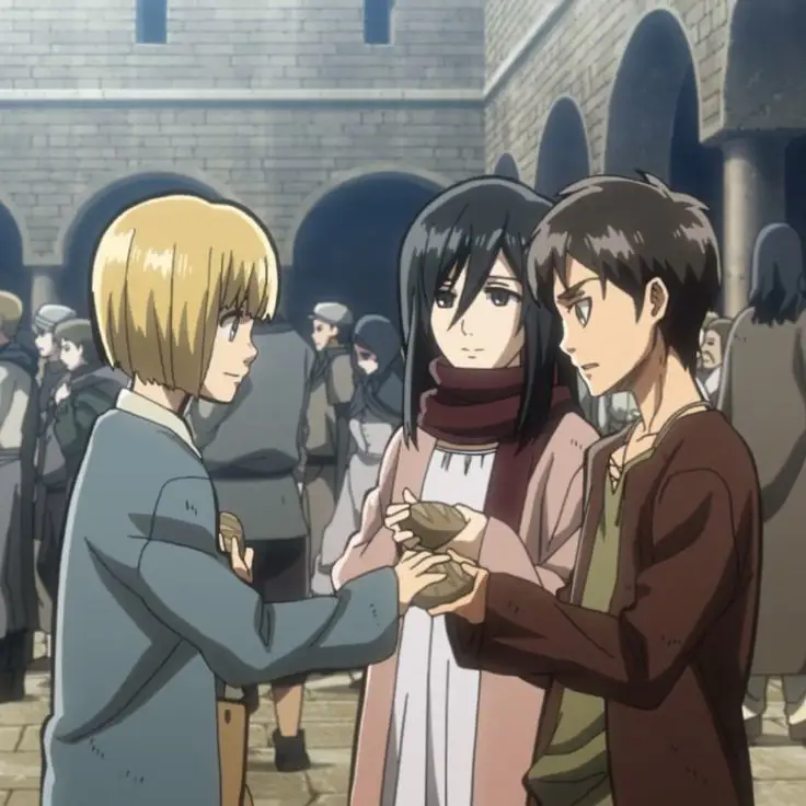 Eren, Mikasa, dan Armin dalam versi Shingeki Kyojin Chuugakkou