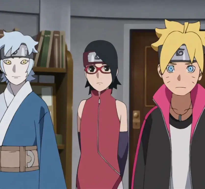 Gambar Boruto, Sarada, dan Mitsuki bersama