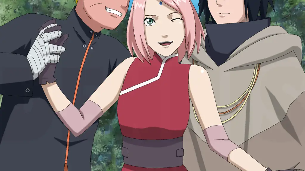 Boruto, Sarada, dan Mitsuki beraksi bersama.