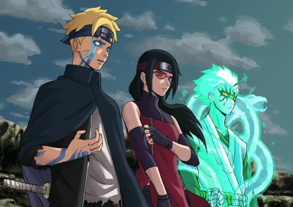 Boruto, Sarada, dan Mitsuki beraksi bersama