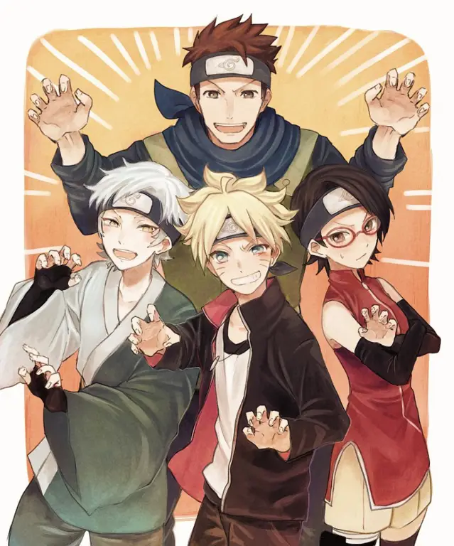 Boruto, Sarada, dan Mitsuki berpose bersama