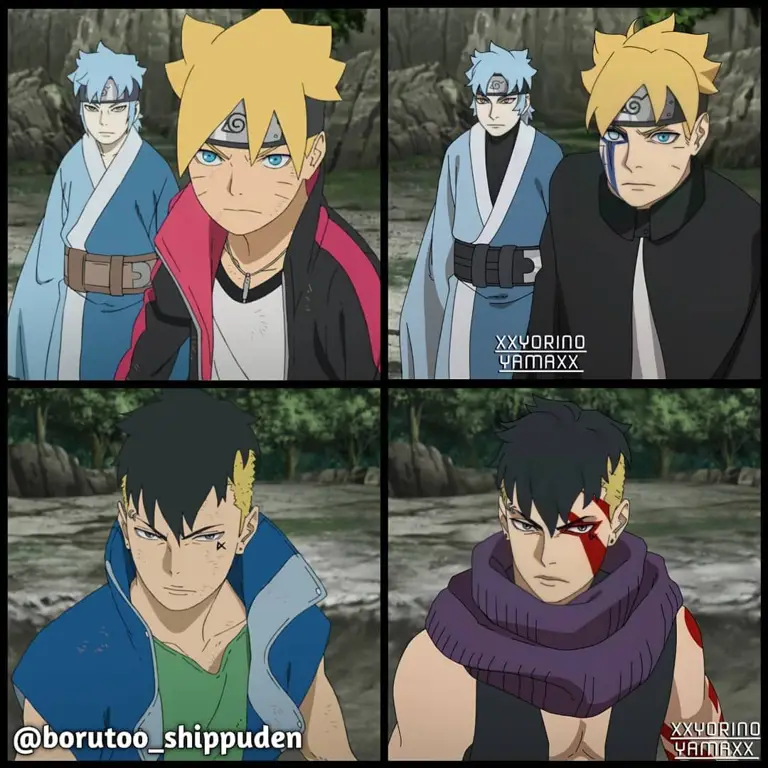 Mitsuki, Boruto, dan Sarada dengan penampilan baru setelah timeskip