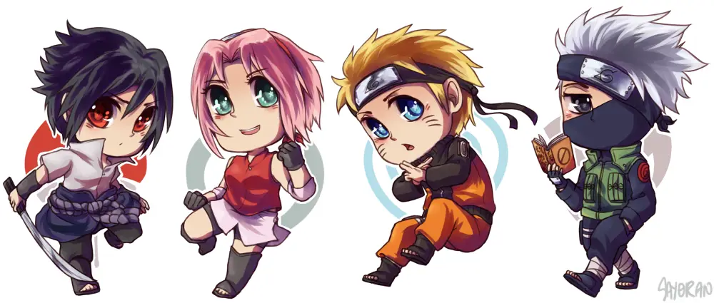 Gambar chibi Naruto, Sasuke, dan Sakura bersama-sama