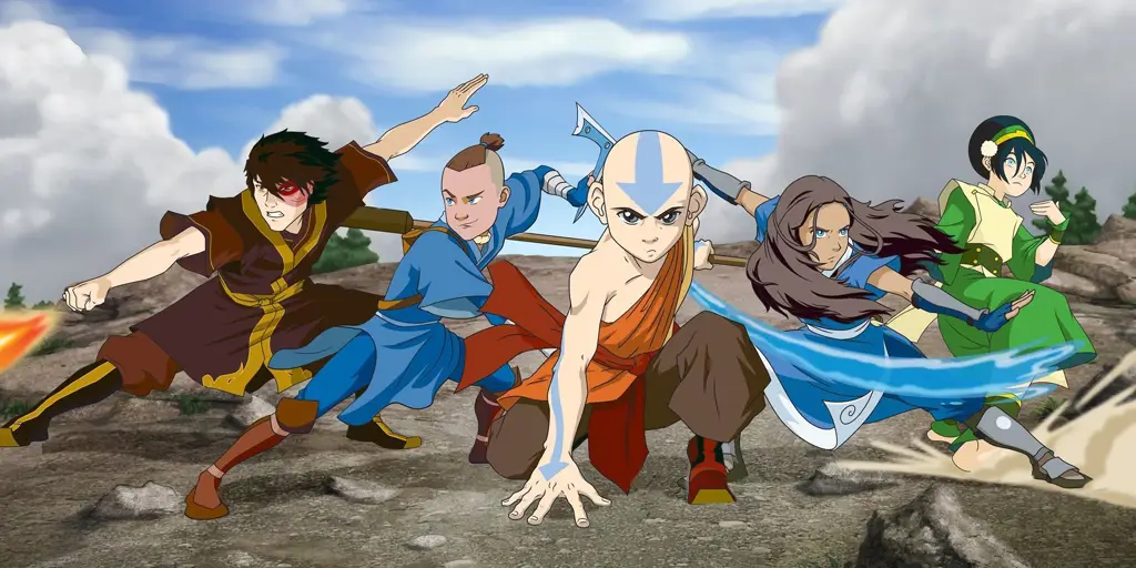 Gambar Aang, Katara, Sokka, dan Toph bersama