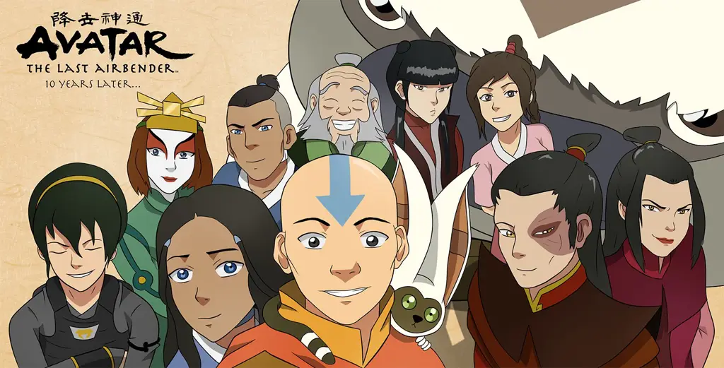 Gambar Aang, Katara, Sokka, dan Toph berpose bersama