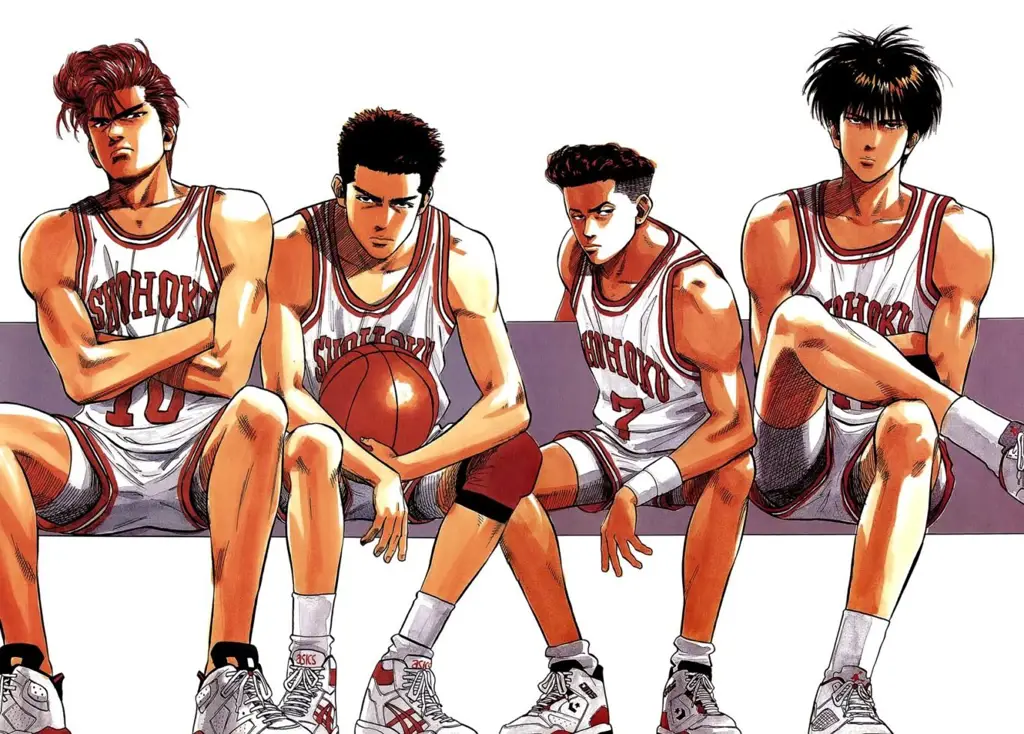 Gambar tim basket SMA Shohoku dalam anime Slam Dunk