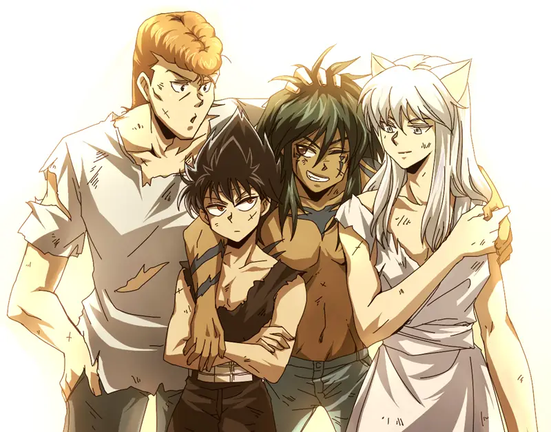 Yusuke bersama Kurama, Hiei, dan Kuwabara