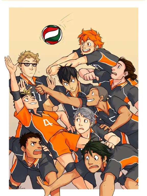 Gambar tim voli SMA Karasuno sedang berlatih keras