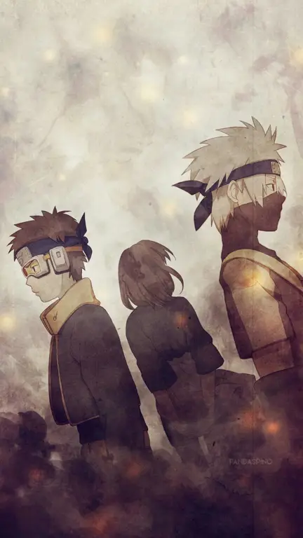 Gambar Kakashi, Obito, dan Rin sebagai genin