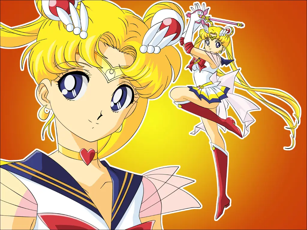 Para tokoh Sailor Moon dalam ilustrasi yang berwarna-warni