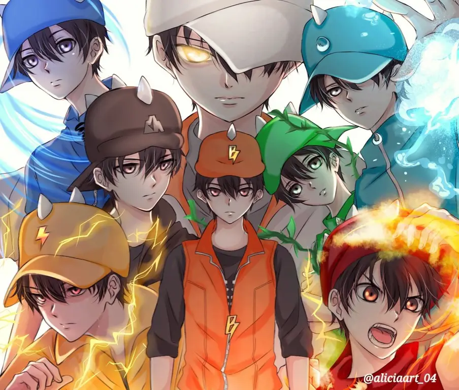 Gambar Boboiboy dalam mode power up dengan gaya anime