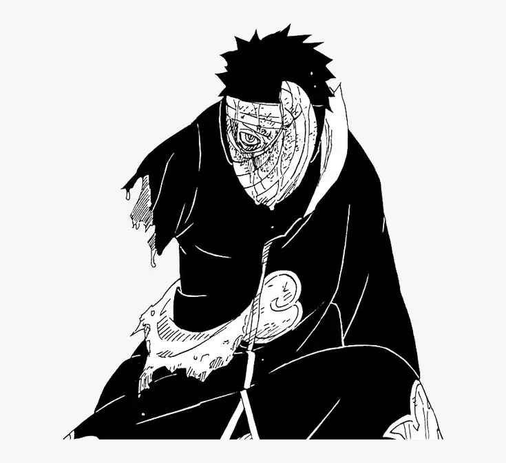 Gambar panel manga Obito Uchiha yang menunjukkan berbagai ekspresi dan transformasinya