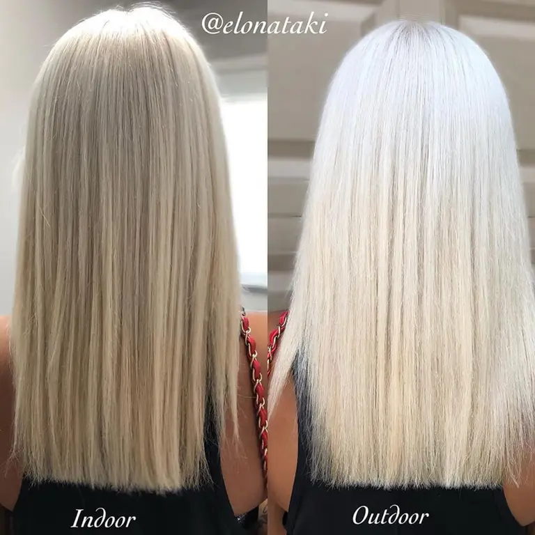 Gambar sebelum dan sesudah bleaching rambut, menunjukkan perbedaan warna dan tingkat kecerahan