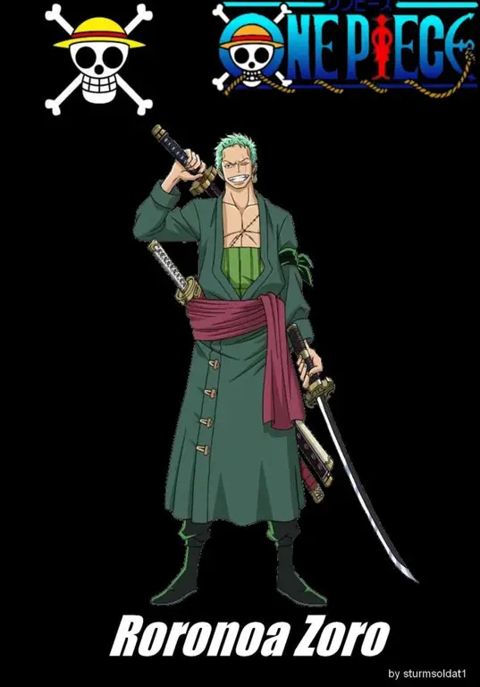 Roronoa Zoro setelah timeskip dengan penampilan yang lebih gagah dan kuat.