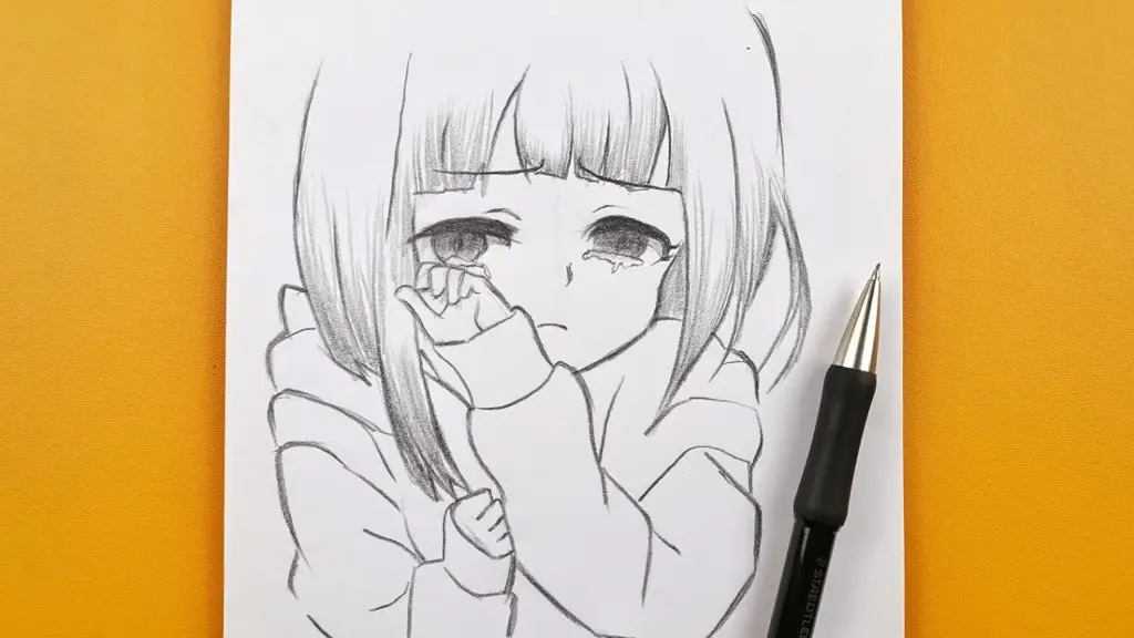 Sketsa anime perempuan menangis mudah