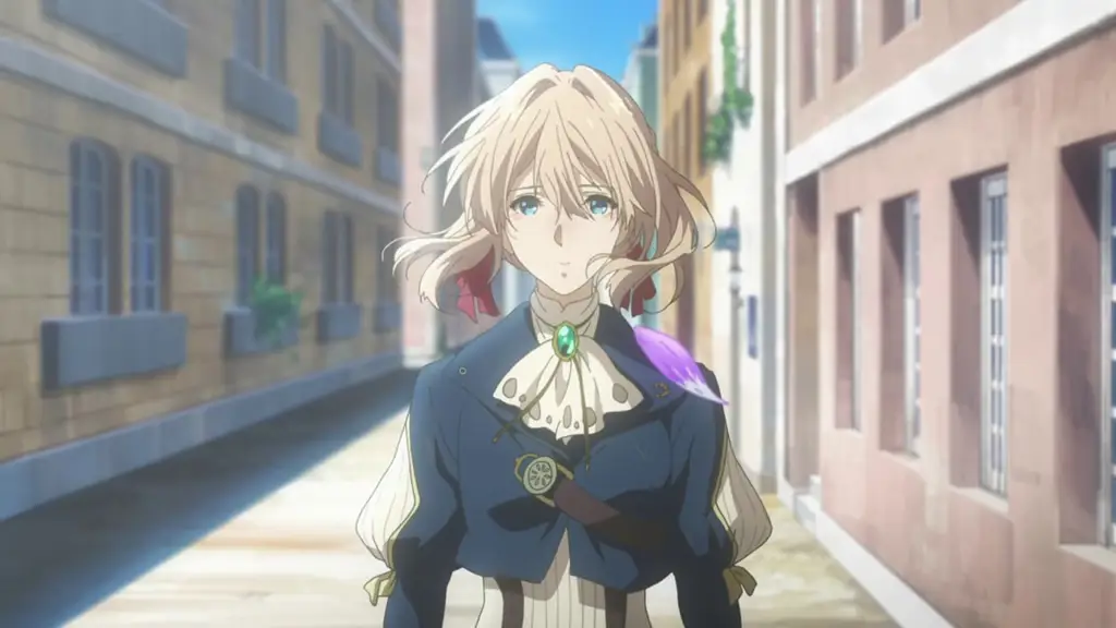 Screenshot dari episode pertama Violet Evergarden yang menunjukkan Violet sedang menulis surat.