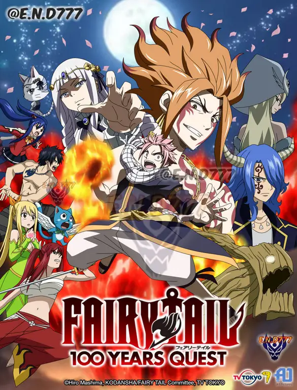 Visual kunci anime Fairy Tail menampilkan Natsu, Lucy, dan anggota guild lainnya