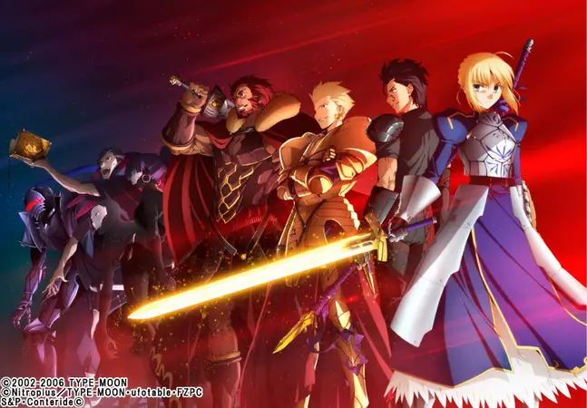 Visual kunci anime Fate Zero yang menampilkan para Master dan Servant