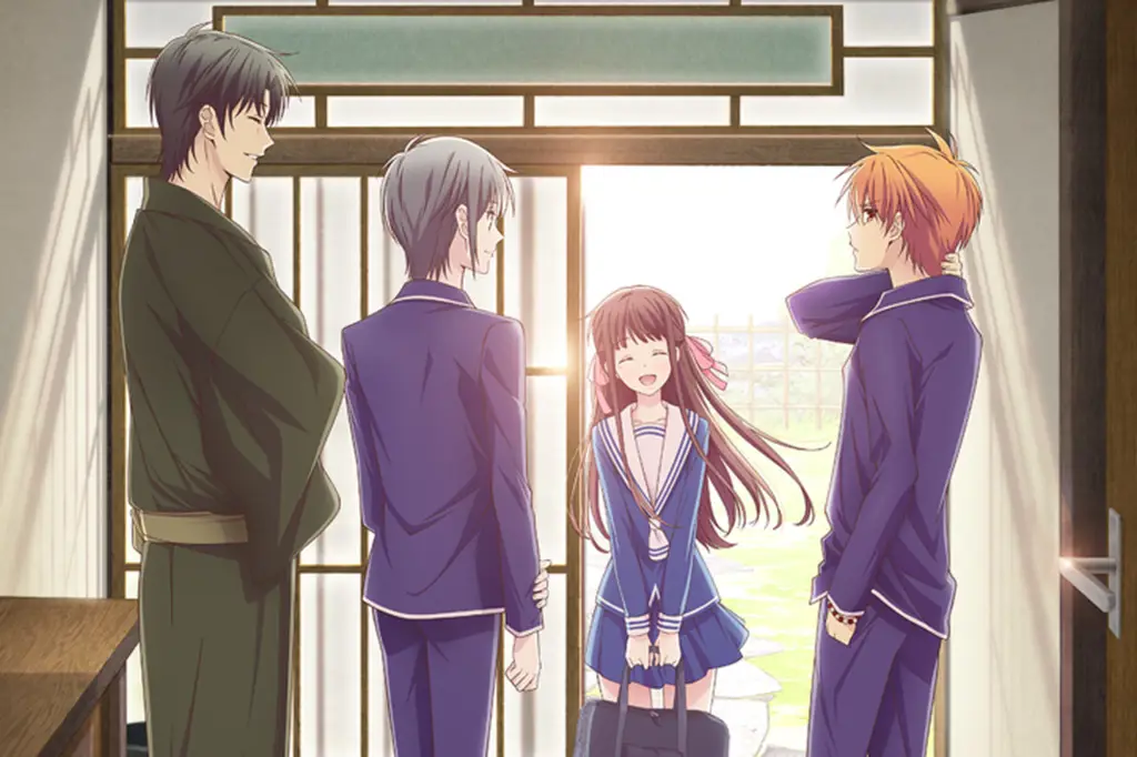 Visual kunci anime Fruits Basket yang menampilkan Tohru Honda dan beberapa anggota keluarga Sohma.