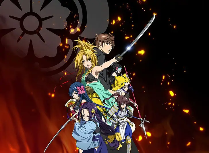 Visual kunci anime Oda Nobuna no Yabou yang menampilkan Nobunaga Oda dan Yoshiharu Sagara.