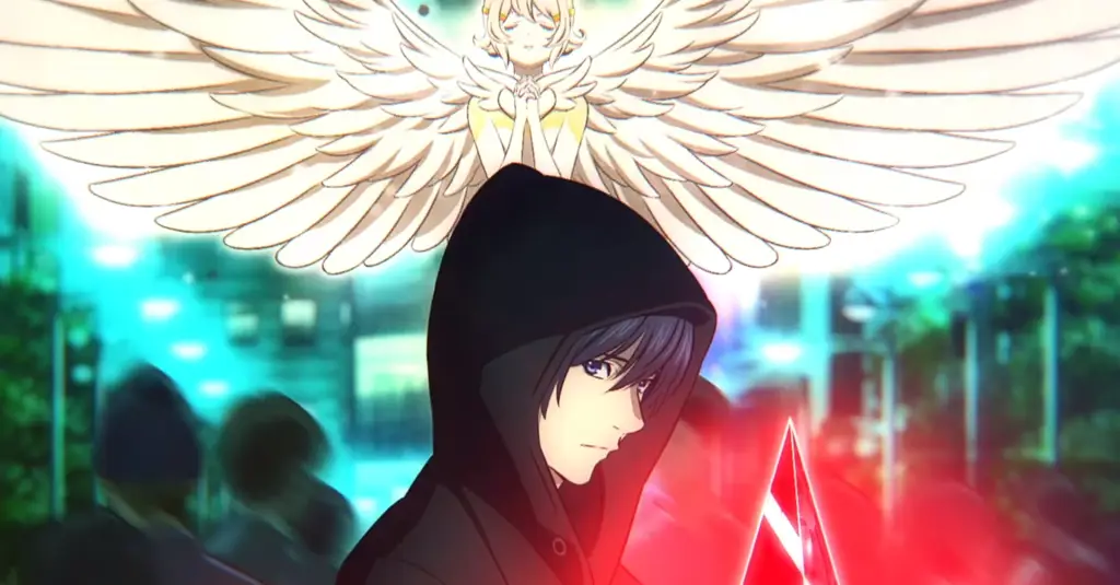 Visual kunci anime Platinum End yang menampilkan Mirai dan Nasse