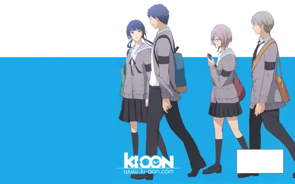 Visual kunci anime ReLIFE yang menampilkan karakter utama Arata Kaizaki dan teman-temannya