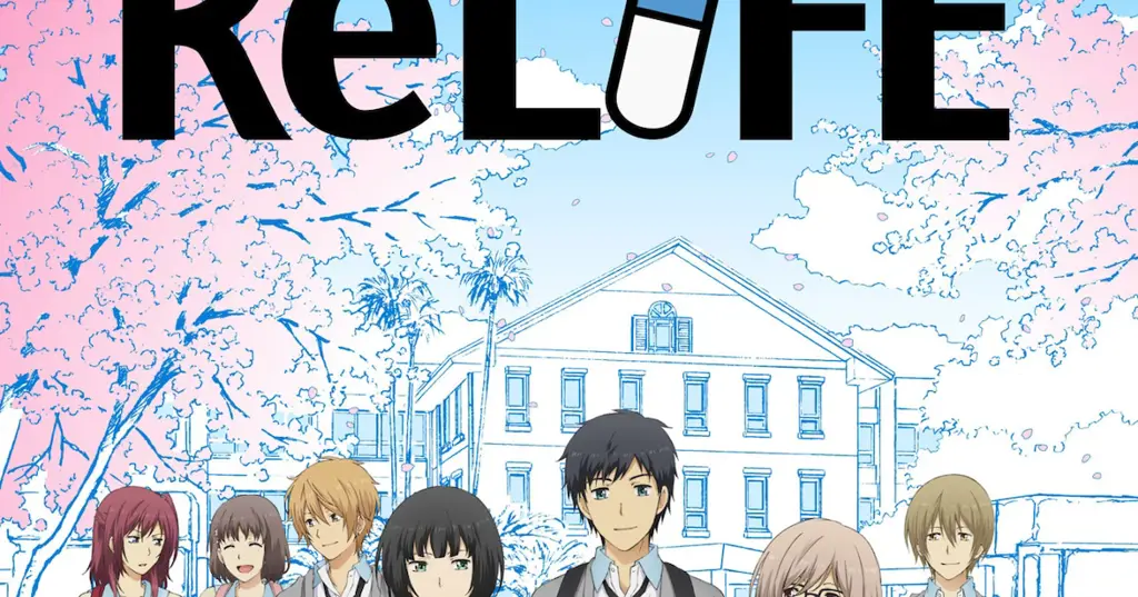 Visual kunci anime ReLife yang menampilkan karakter utama Arata Kaizaki dan teman-temannya.