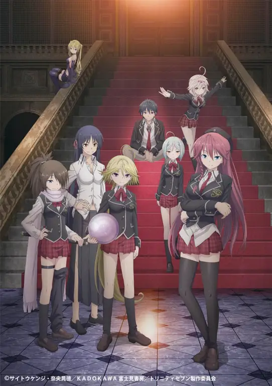 Visual kunci anime Trinity Seven yang menampilkan karakter utama dan latar dunia fantasi