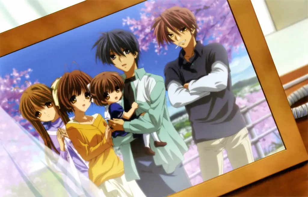 Visual kunci Clannad After Story yang menampilkan Tomoya dan Nagisa