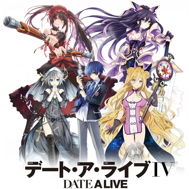 Visual kunci anime Date A Live IV yang menampilkan Shido dan para Spirit