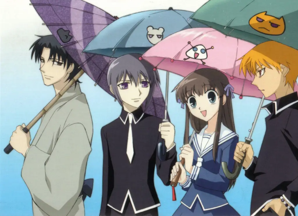 Visual kunci anime Fruits Basket yang menampilkan Tohru dan beberapa anggota keluarga Sohma