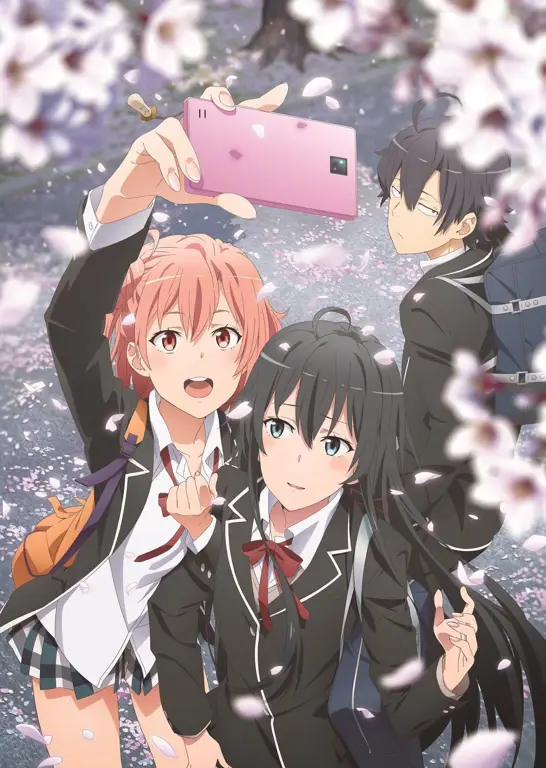 Visual kunci dari Oregairu Season 2 menampilkan Hachiman, Yukino, dan Yui