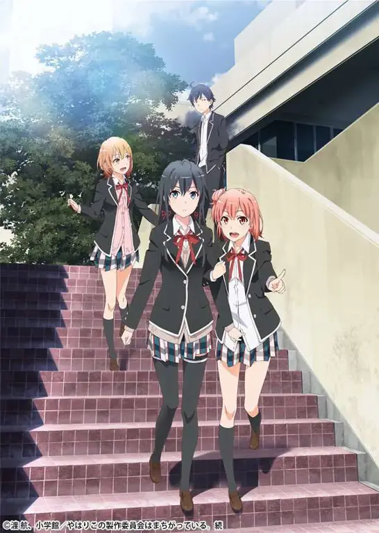 Visual kunci Oregairu Season 3 menampilkan Hachiman, Yukino, dan Yui