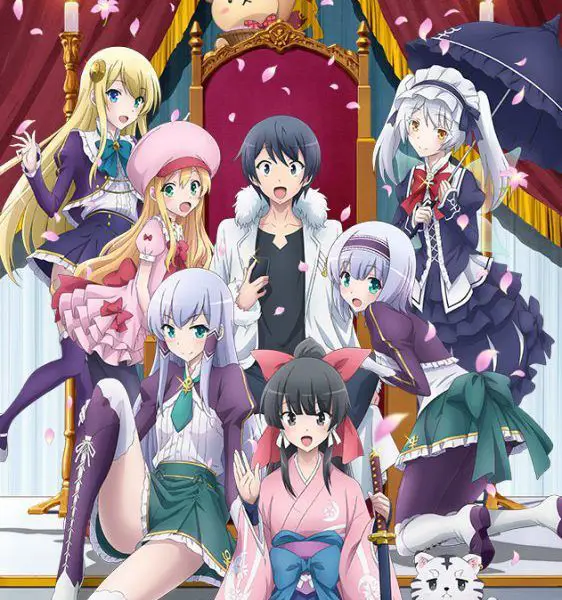 Visual kunci yang menampilkan Charlotte dan karakter lainnya Gambar kunci dari anime Isekai wa Smartphone, menampilkan beberapa karakter utama termasuk Charlotte