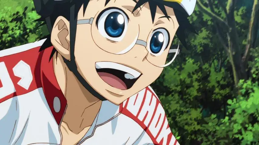 Gambar kunci dari Yowamushi Pedal Season 3 yang menampilkan karakter utama dan sepeda mereka.